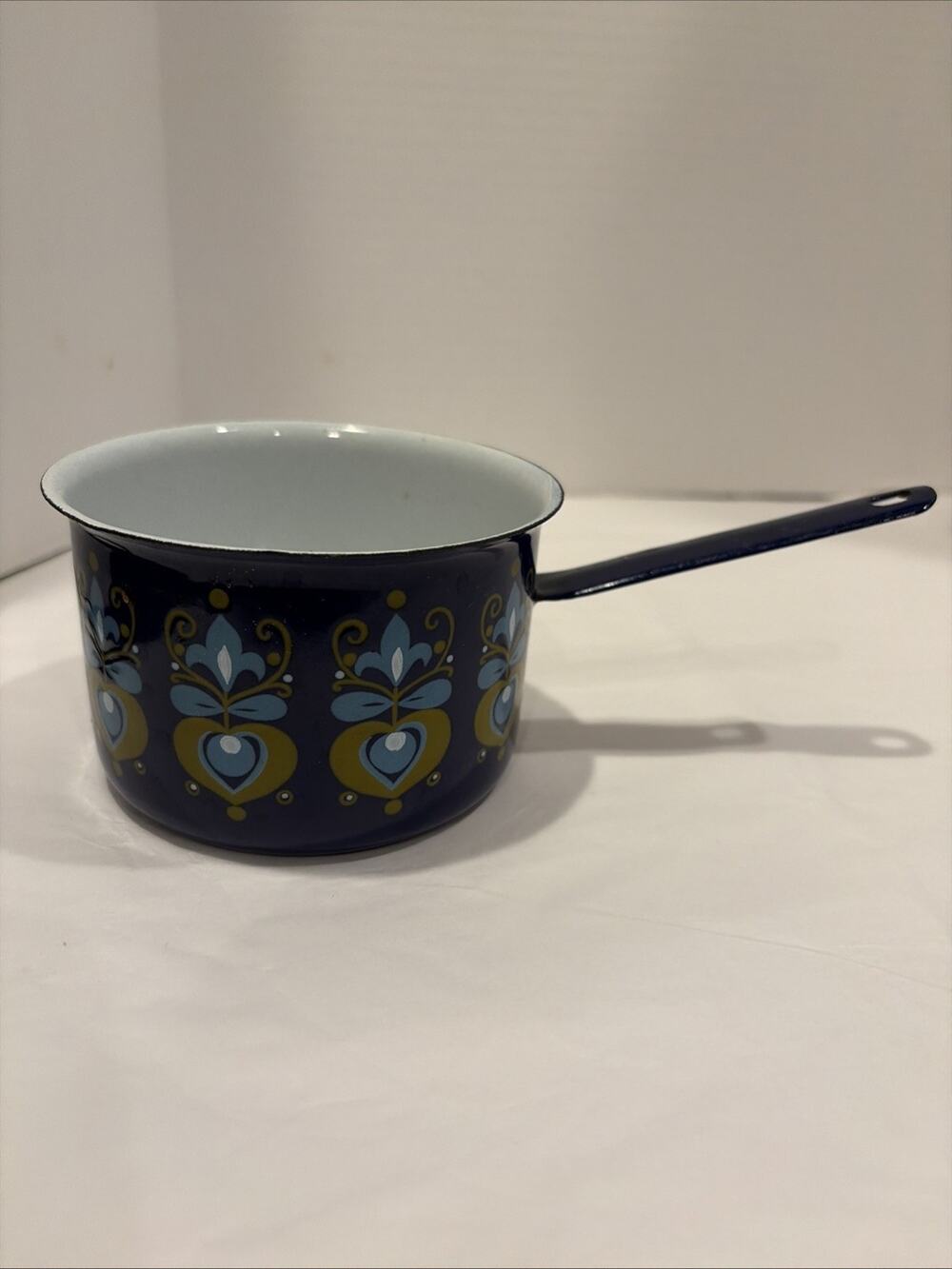 Mid Century Modern Enamelwear Mini Saucepan Blue And Green Floral Design